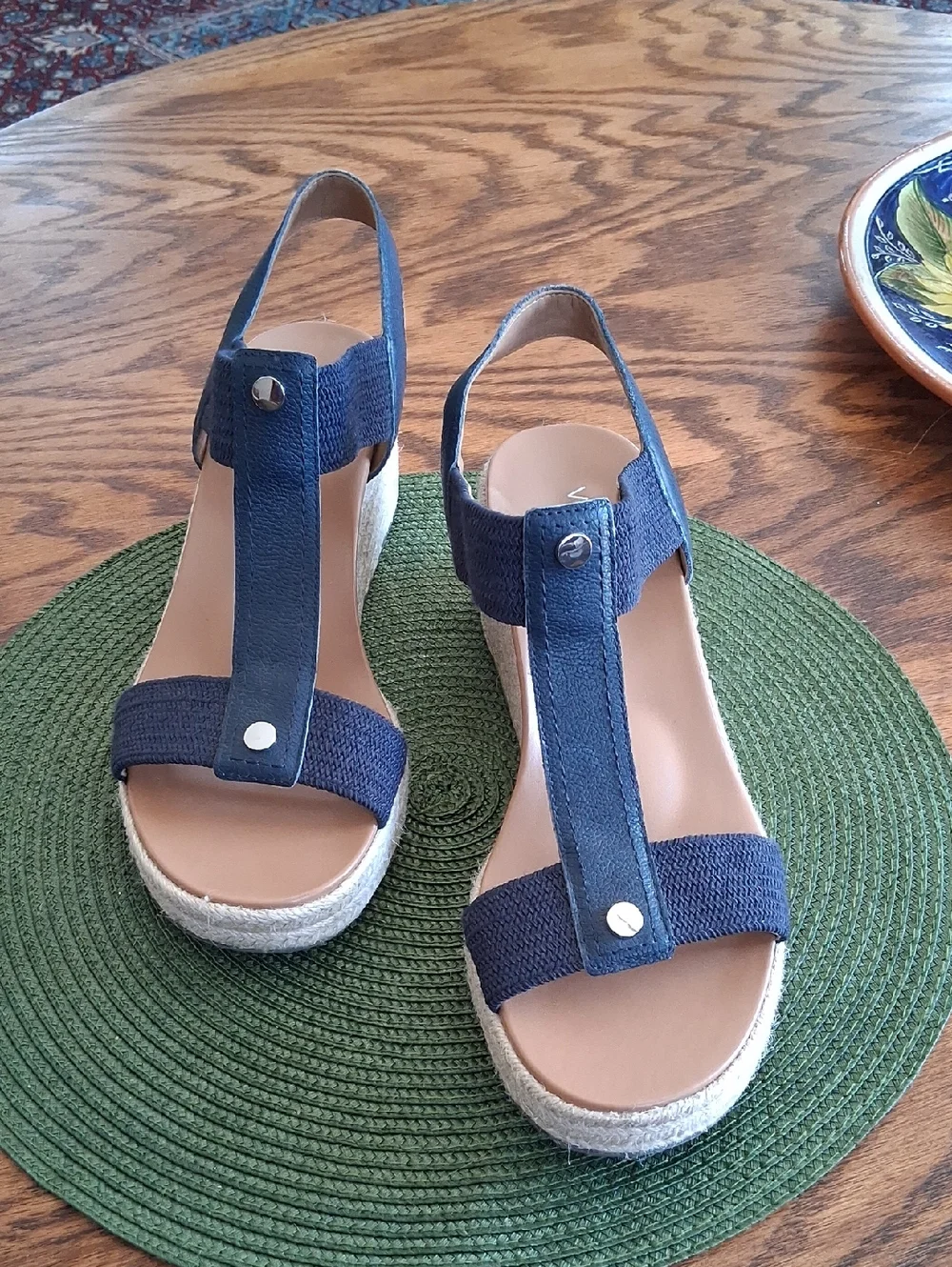 Vionic Calera Navy Blue Leather Stretch Fabric Espadrille Wedge Sandals Size 11